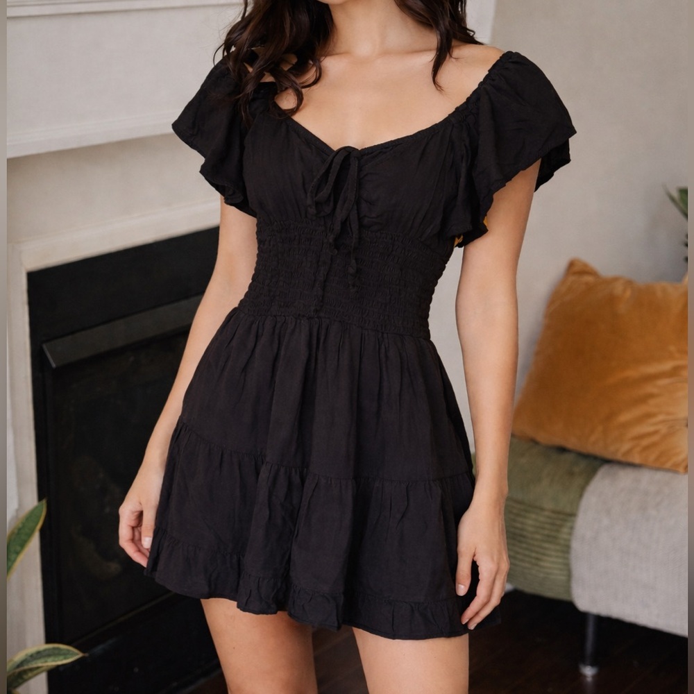 Black Smocked Mini Dress | Size Medium